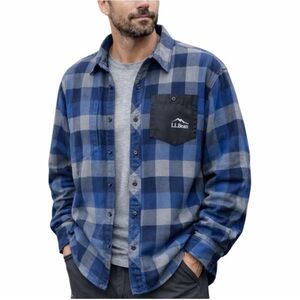 LL Bean EUC Blue Plaid Wool Blend Snap Shirt Men’s Large Outdoor Hiking